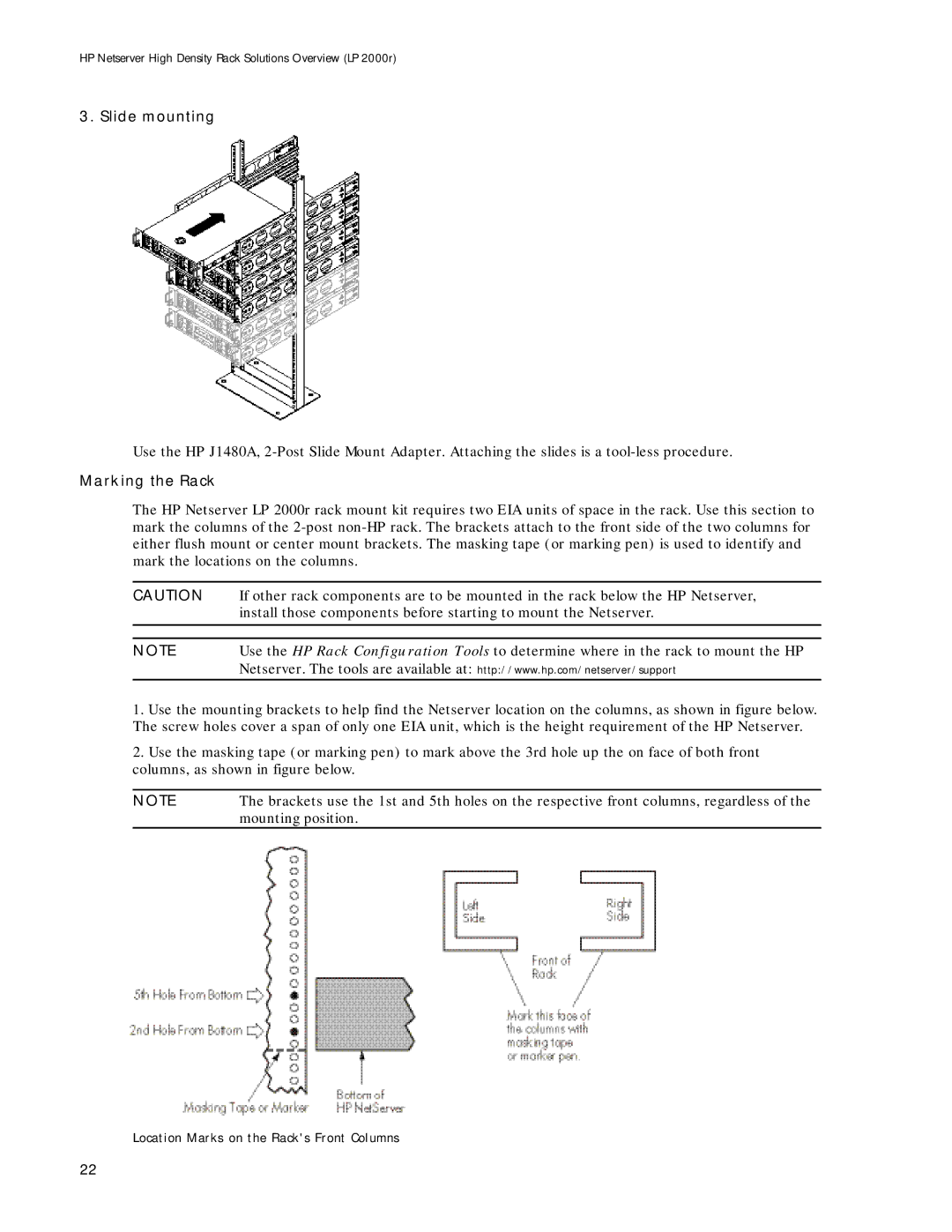 HP LP 2000r manual Marking the Rack, Location Marks on the Racks Front Columns 