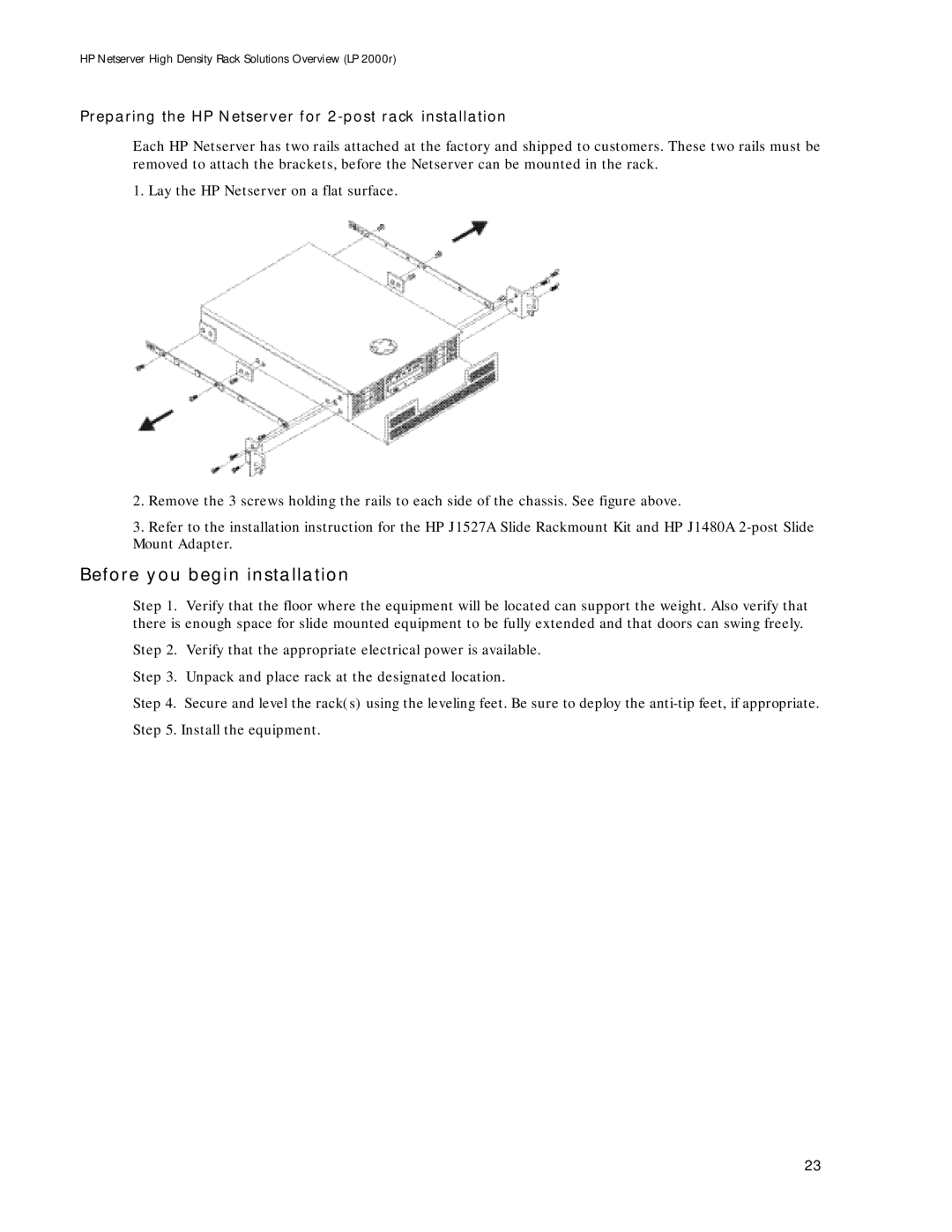 HP LP 2000r manual Before you begin installation, Preparing the HP Netserver for 2-post rack installation 