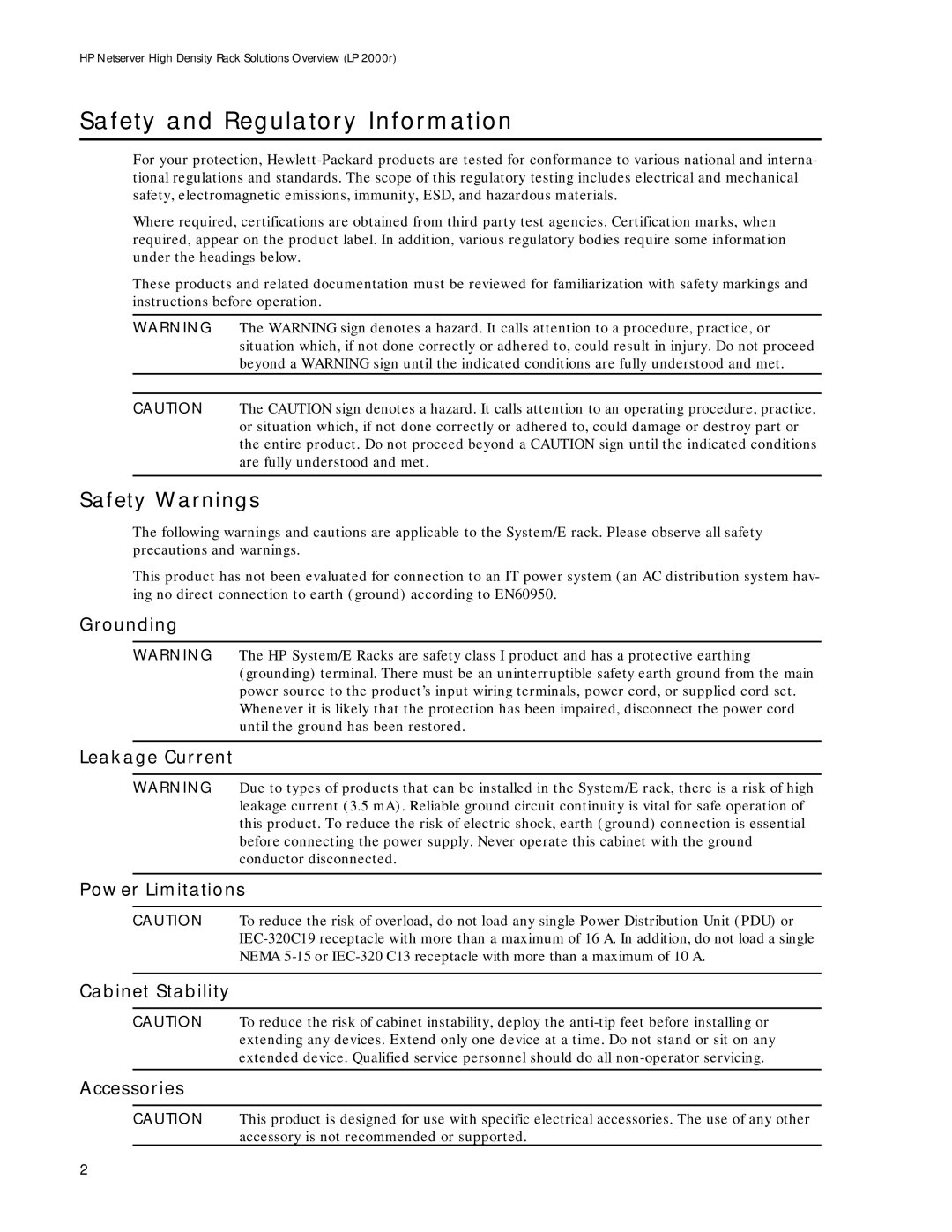 HP LP 2000r manual Safety and Regulatory Information, Safety Warnings 