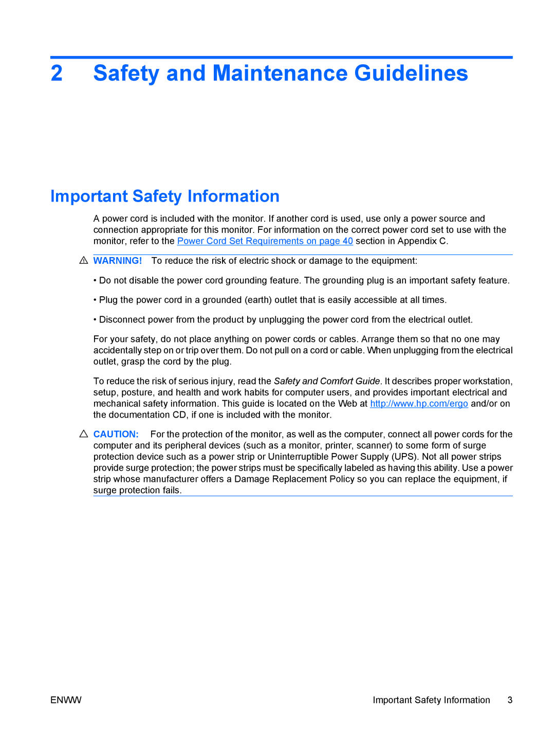 HP LP2465, LP2065 20' manual Safety and Maintenance Guidelines, Important Safety Information 