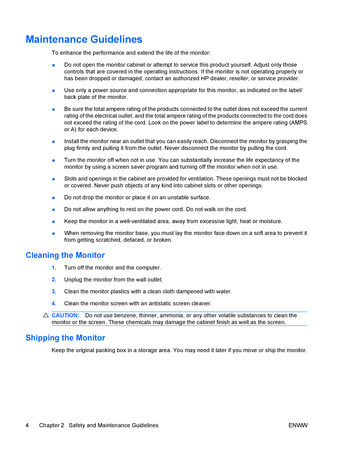 HP LP2065 20', LP2465 manual Maintenance Guidelines, Cleaning the Monitor, Shipping the Monitor 