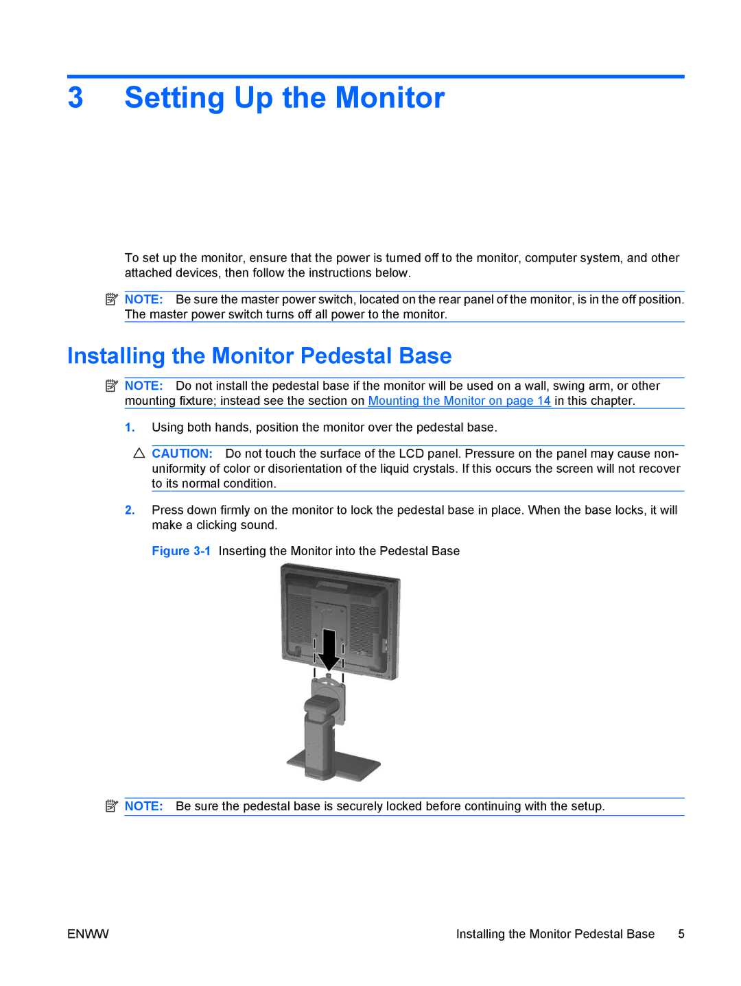 HP LP2465, LP2065 20' manual Setting Up the Monitor, Installing the Monitor Pedestal Base 