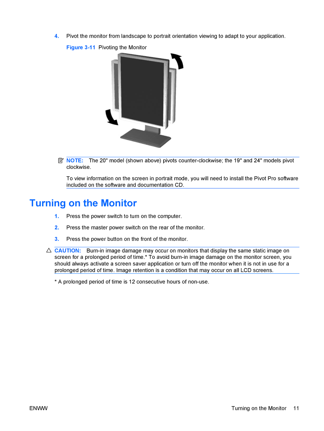 HP LP2465, LP2065 20' manual Turning on the Monitor 