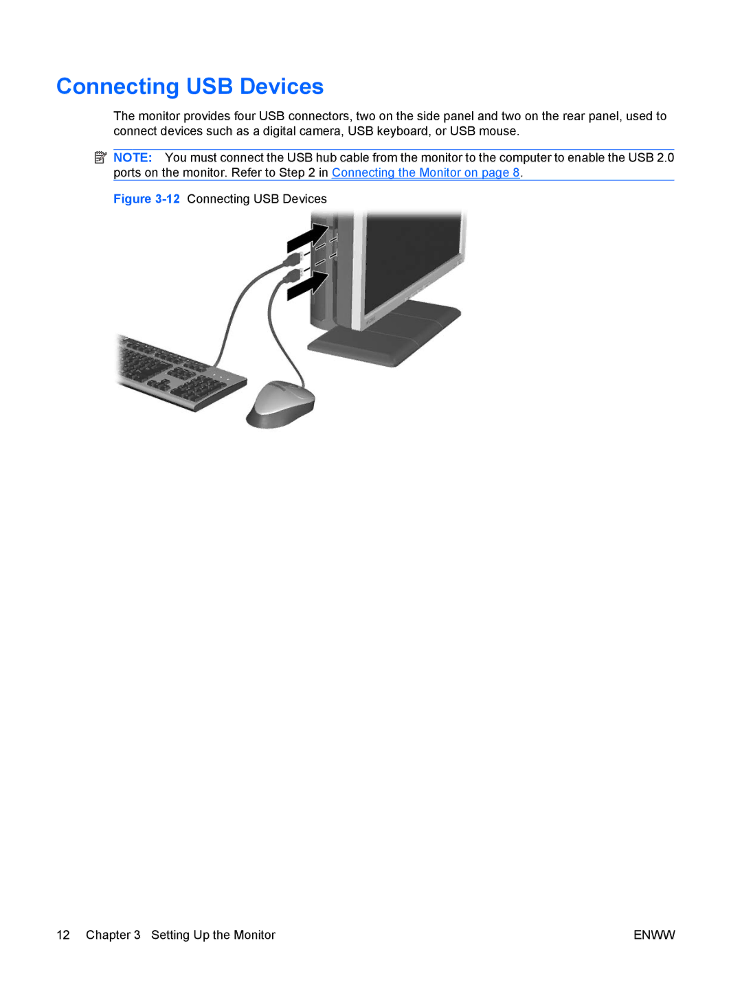 HP LP2065 20', LP2465 manual 12Connecting USB Devices Setting Up the Monitor 