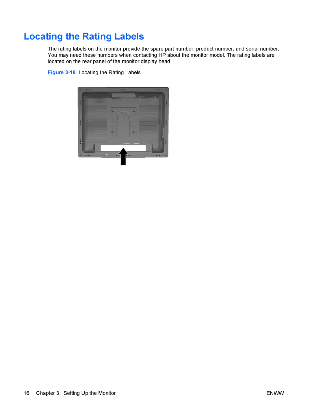 HP LP2065 20', LP2465 manual 18Locating the Rating Labels Setting Up the Monitor 