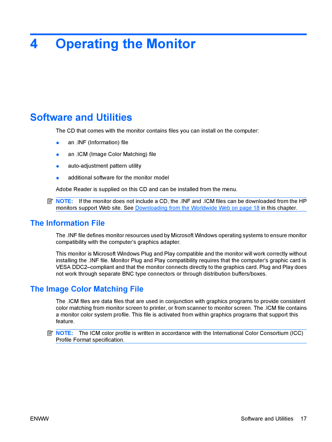 HP LP2465, LP2065 20' manual Operating the Monitor, Software and Utilities, Information File, Image Color Matching File 