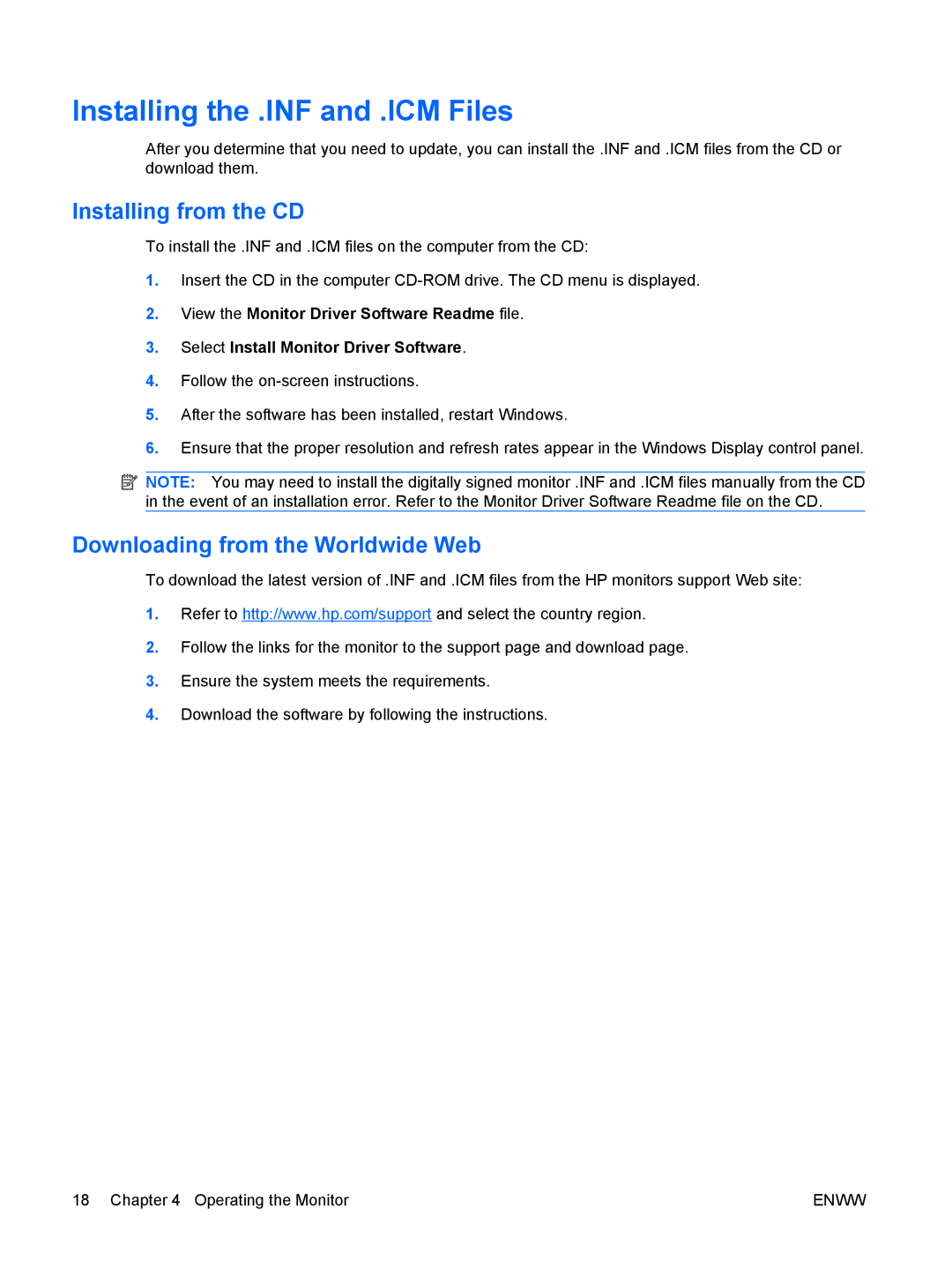 HP LP2065 20', LP2465 manual Installing the .INF and .ICM Files, Installing from the CD, Downloading from the Worldwide Web 