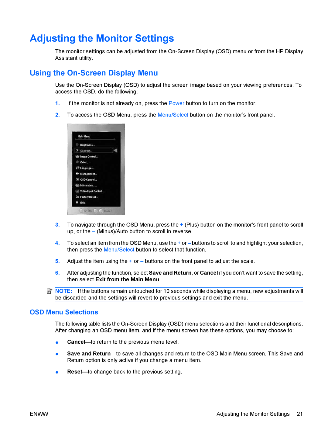 HP LP2465, LP2065 20' manual Adjusting the Monitor Settings, Using the On-Screen Display Menu 