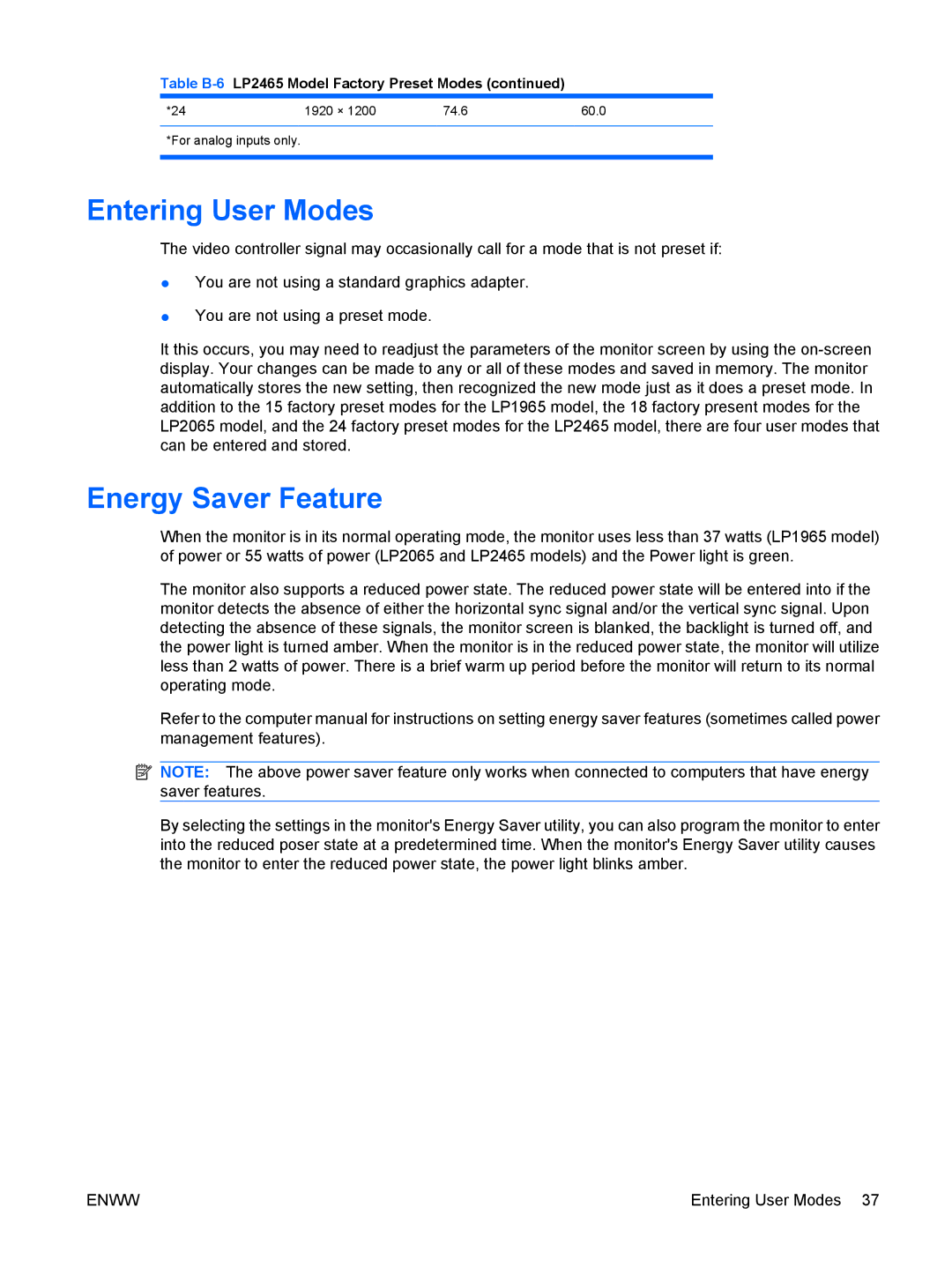 HP LP2465, LP2065 20' manual Entering User Modes, Energy Saver Feature 