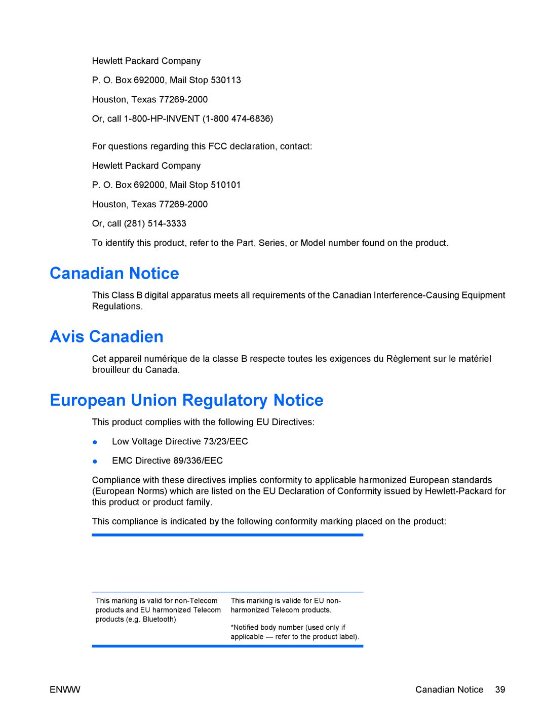 HP LP2465, LP2065 20' manual Canadian Notice, Avis Canadien, European Union Regulatory Notice 