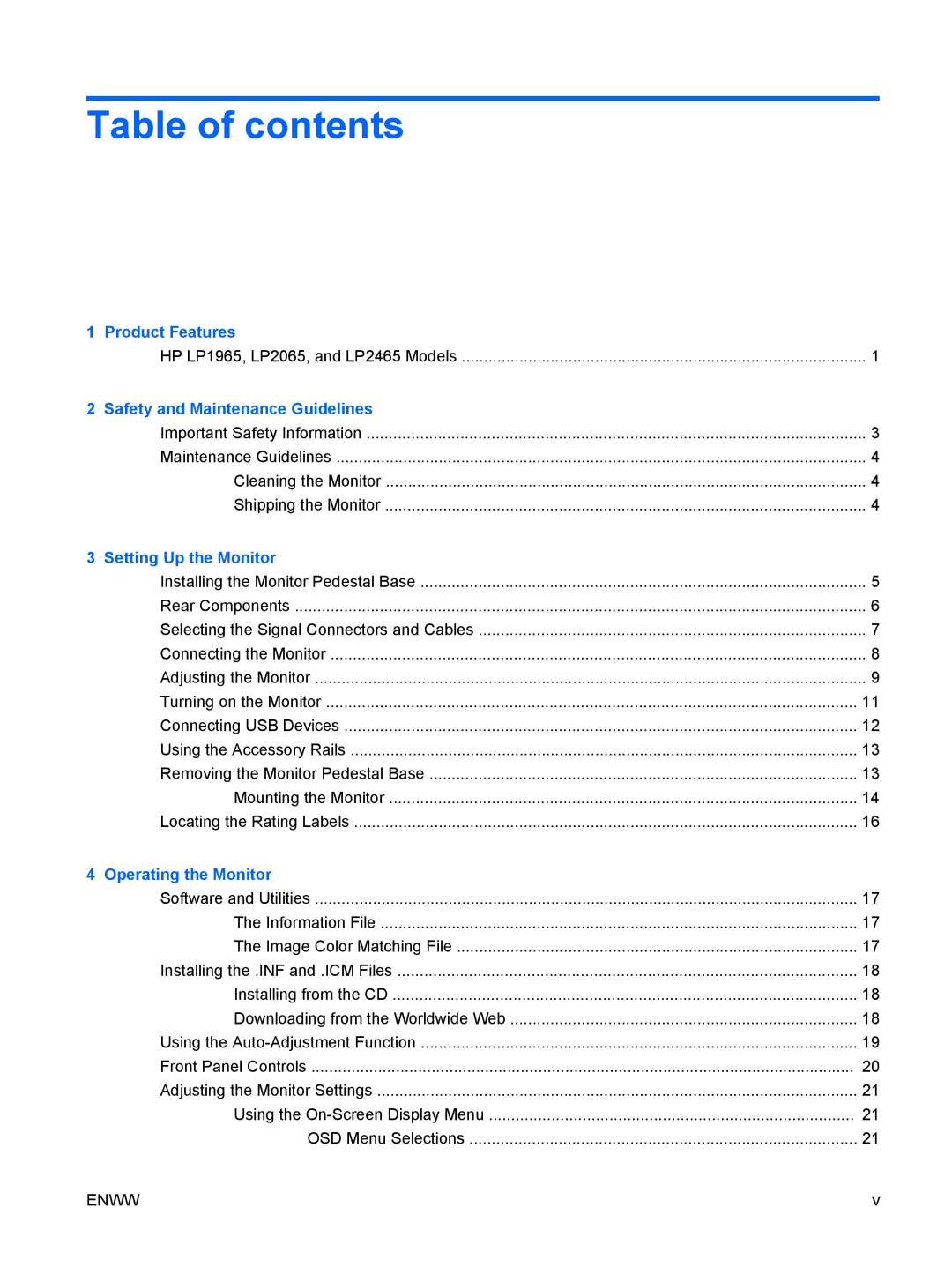 HP LP2465, LP2065 20' manual Table of contents 