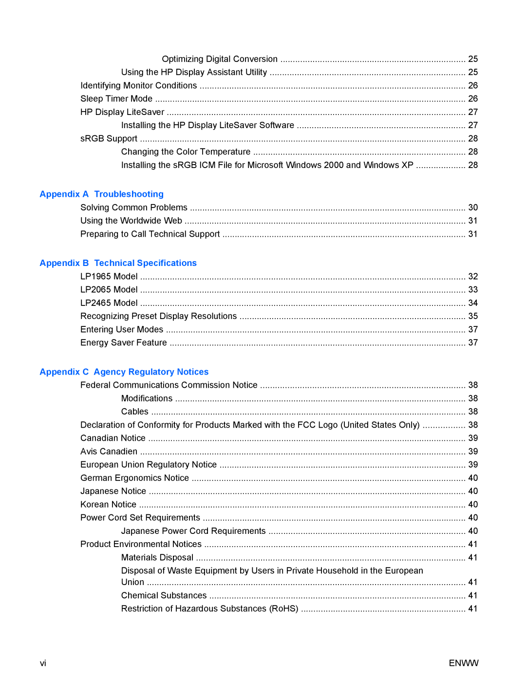 HP LP2065 20', LP2465 manual Appendix a Troubleshooting 