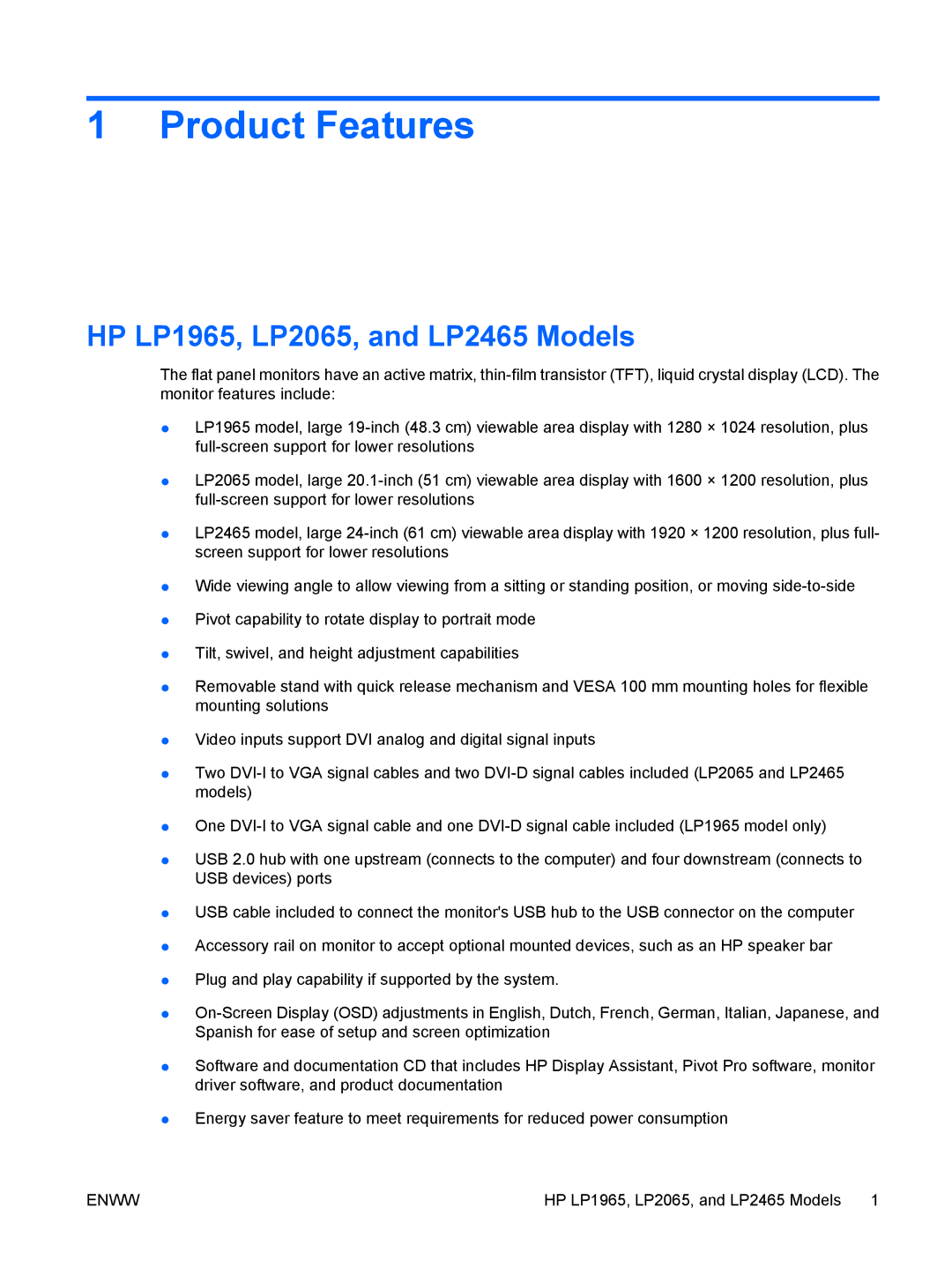 HP LP2065 20' manual Product Features, HP LP1965, LP2065, and LP2465 Models 