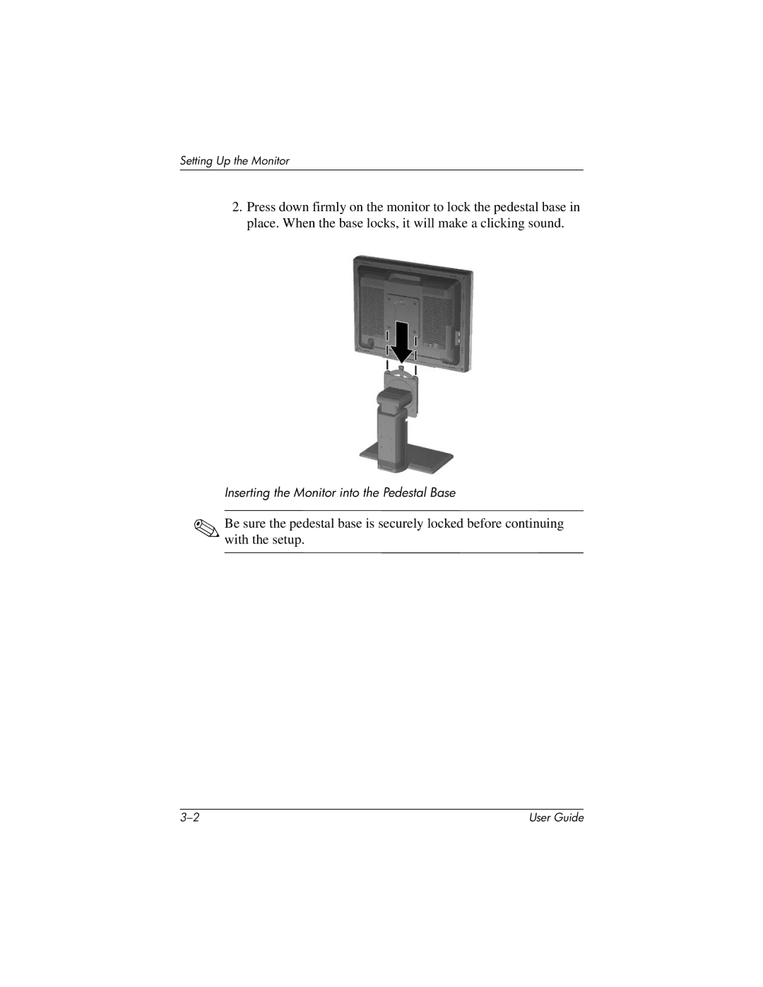 HP LP2065 20' manual Inserting the Monitor into the Pedestal Base 