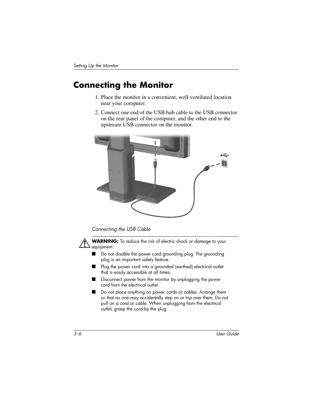 HP LP2065 20' manual Connecting the Monitor, Connecting the USB Cable 