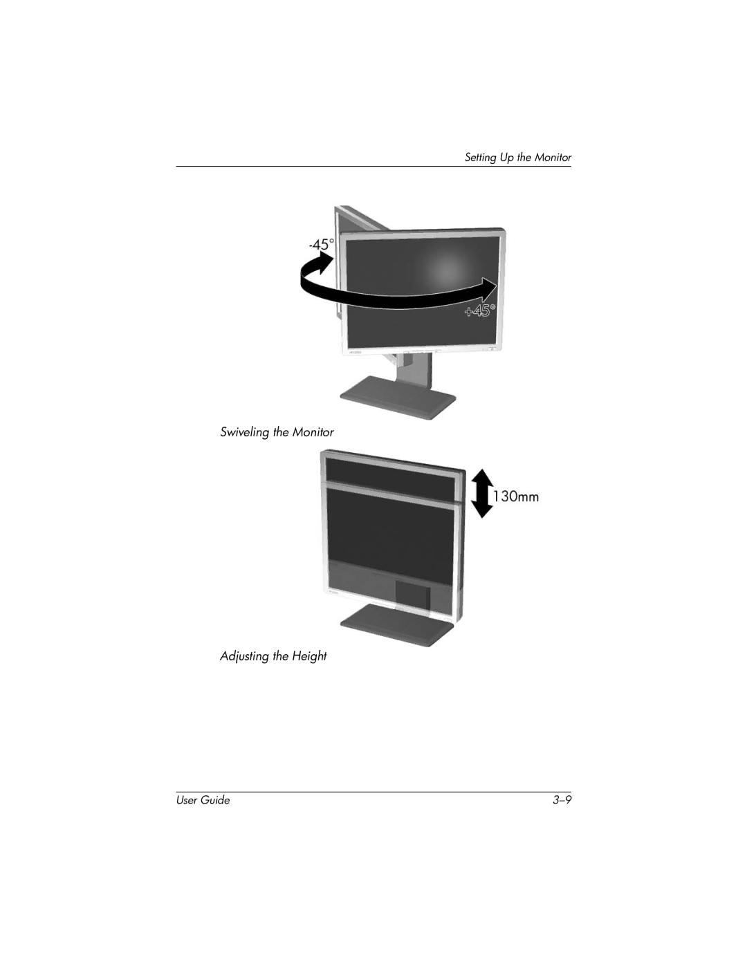 HP LP2065 20' manual Swiveling the Monitor Adjusting the Height 