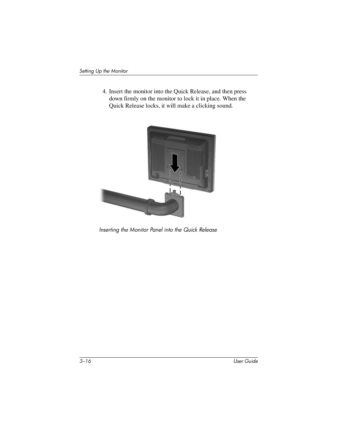 HP LP2065 20' manual Inserting the Monitor Panel into the Quick Release 