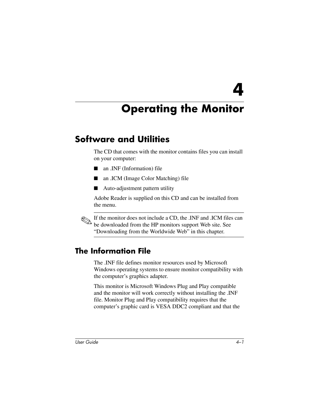 HP LP2065 20' manual Operating the Monitor, Software and Utilities, Information File 