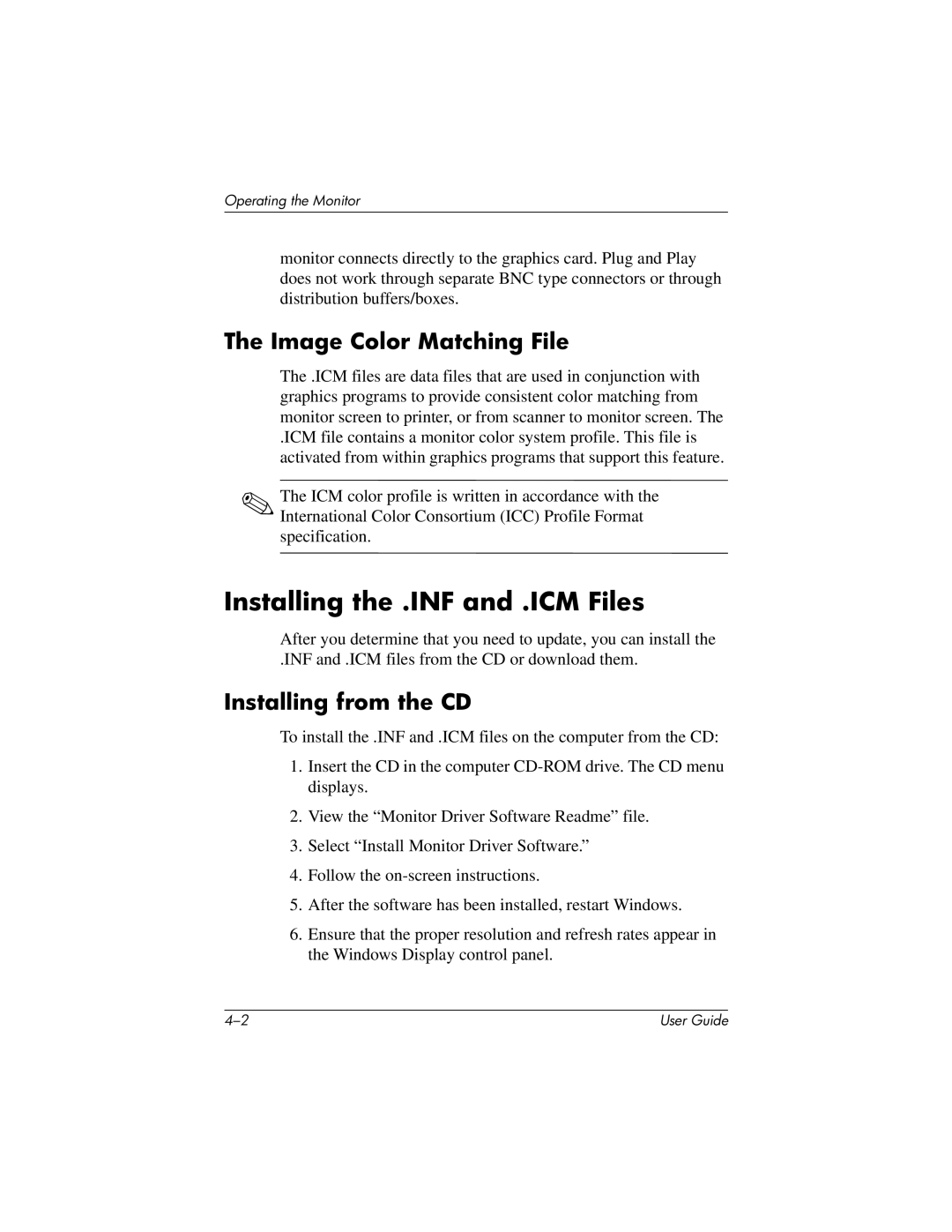 HP LP2065 20' manual Installing the .INF and .ICM Files, Image Color Matching File, Installing from the CD 