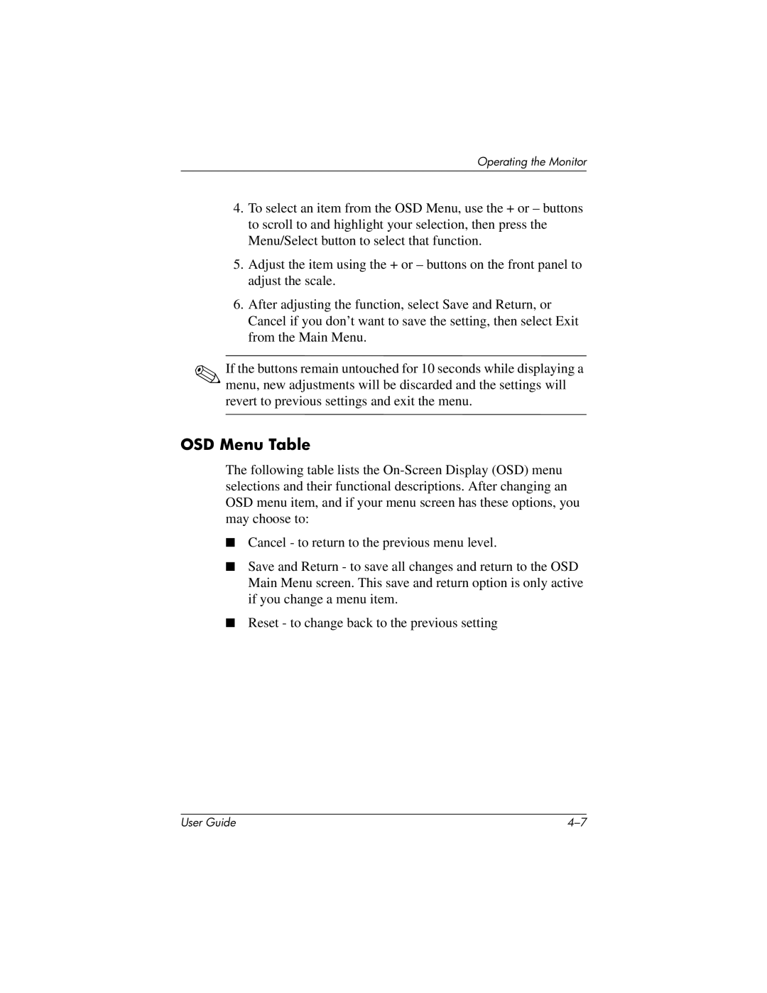 HP LP2065 20' manual OSD Menu Table 