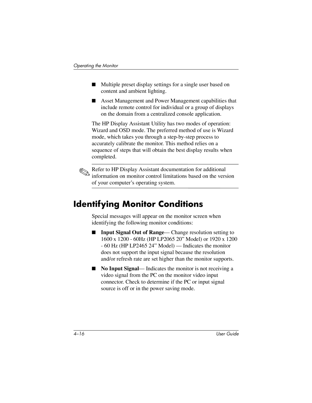 HP LP2065 20' manual Identifying Monitor Conditions 