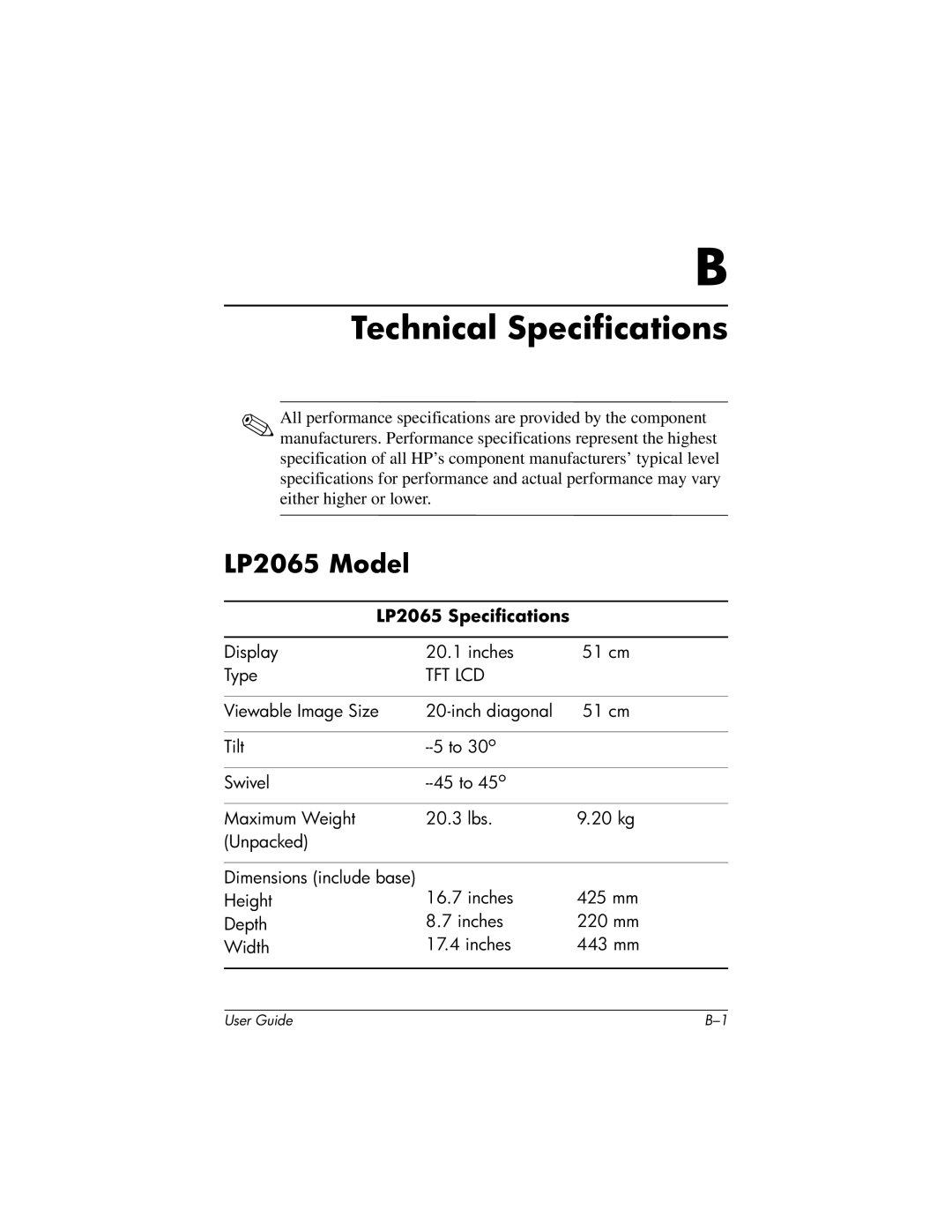 HP LP2065 20' manual Technical Specifications, LP2065 Model 