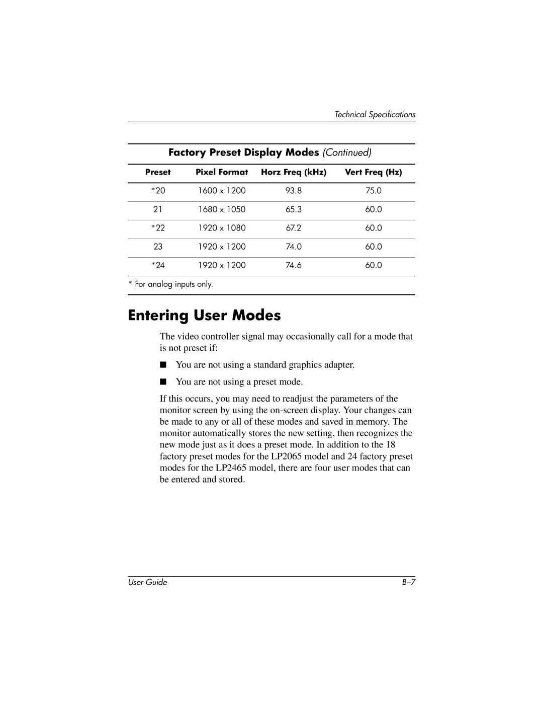 HP LP2065 20' manual Entering User Modes 