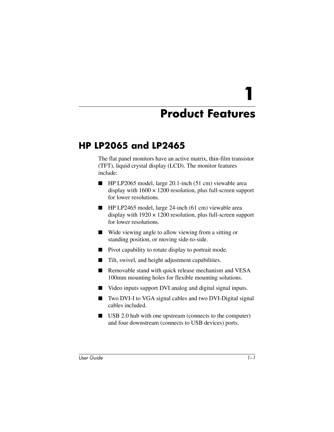 HP LP2065 20' manual Product Features, HP LP2065 and LP2465 