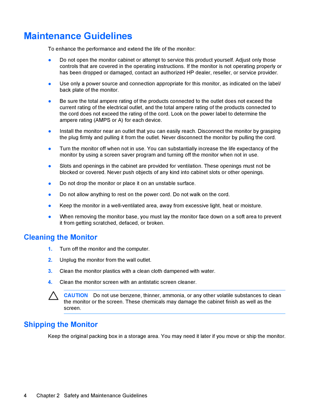 HP LP1965, LP2065, LP2465 manual Maintenance Guidelines, Cleaning the Monitor, Shipping the Monitor 