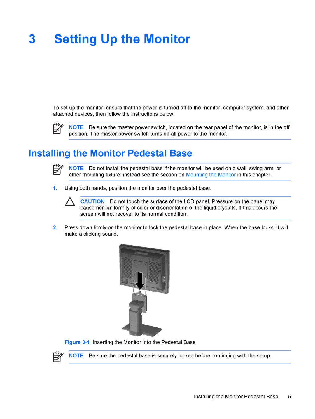 HP LP2465, LP2065, LP1965 manual Setting Up the Monitor, Installing the Monitor Pedestal Base 