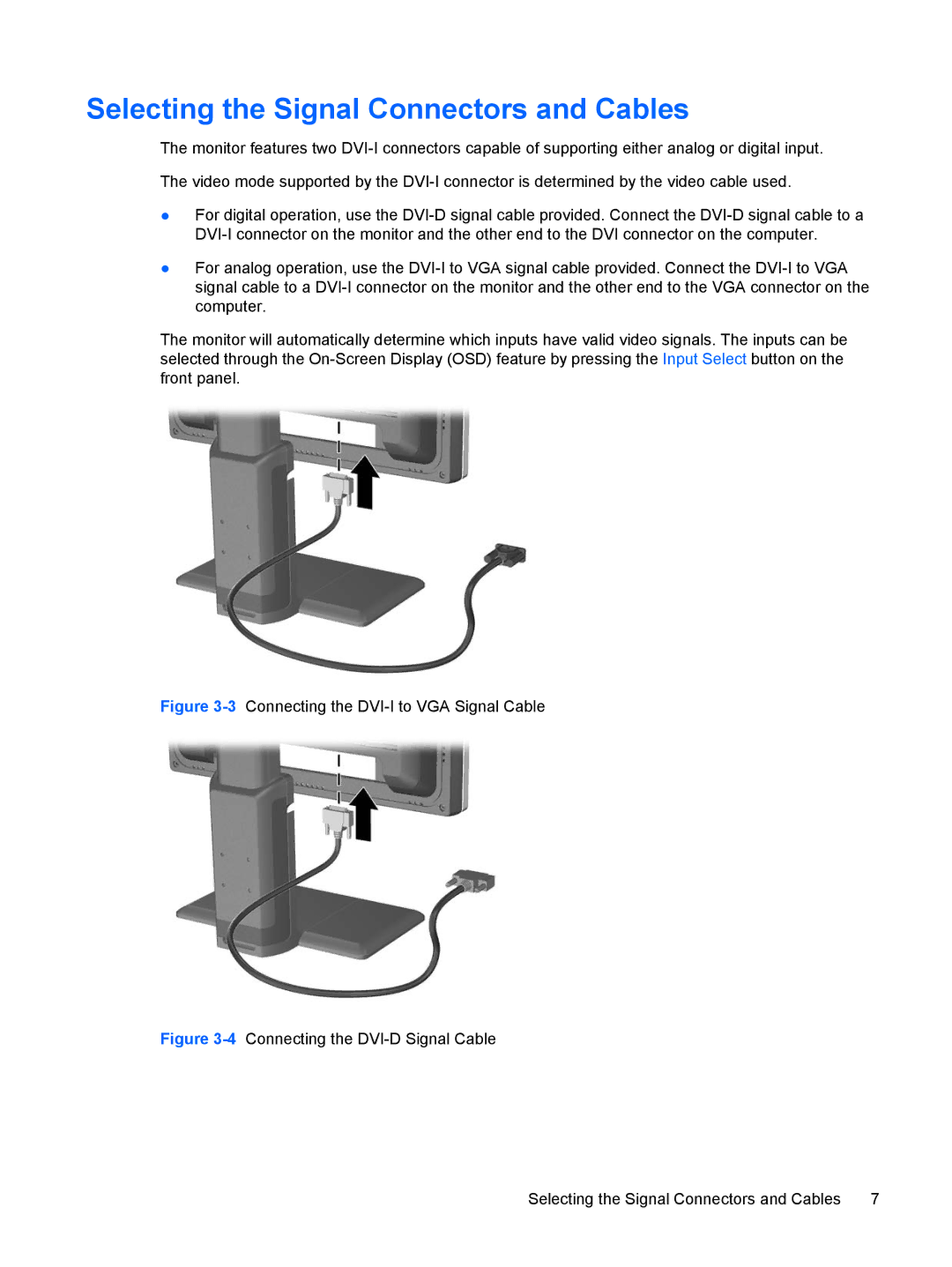 HP LP1965, LP2065, LP2465 manual Selecting the Signal Connectors and Cables, 3Connecting the DVI-I to VGA Signal Cable 