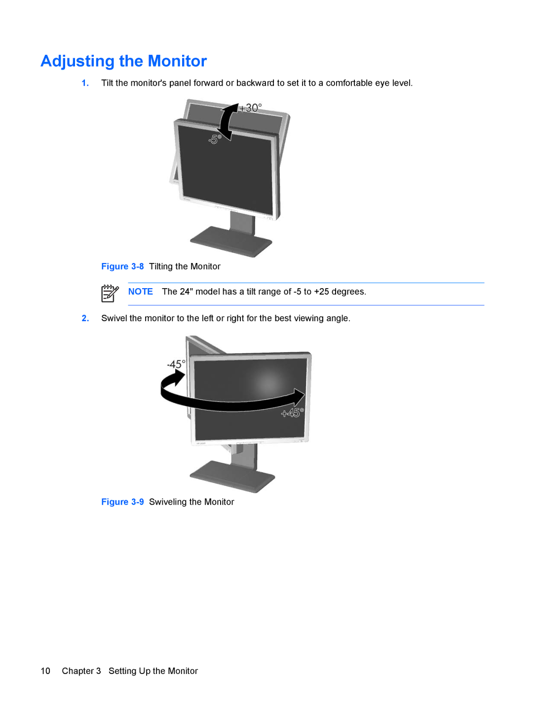 HP LP1965, LP2065, LP2465 manual Adjusting the Monitor, 9Swiveling the Monitor Setting Up the Monitor 