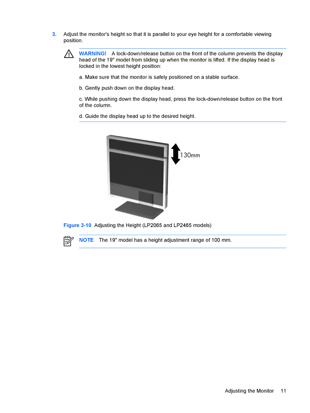 HP LP1965 manual 10Adjusting the Height LP2065 and LP2465 models 