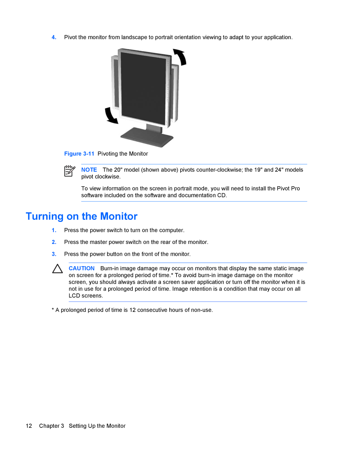 HP LP2065, LP1965, LP2465 manual Turning on the Monitor 