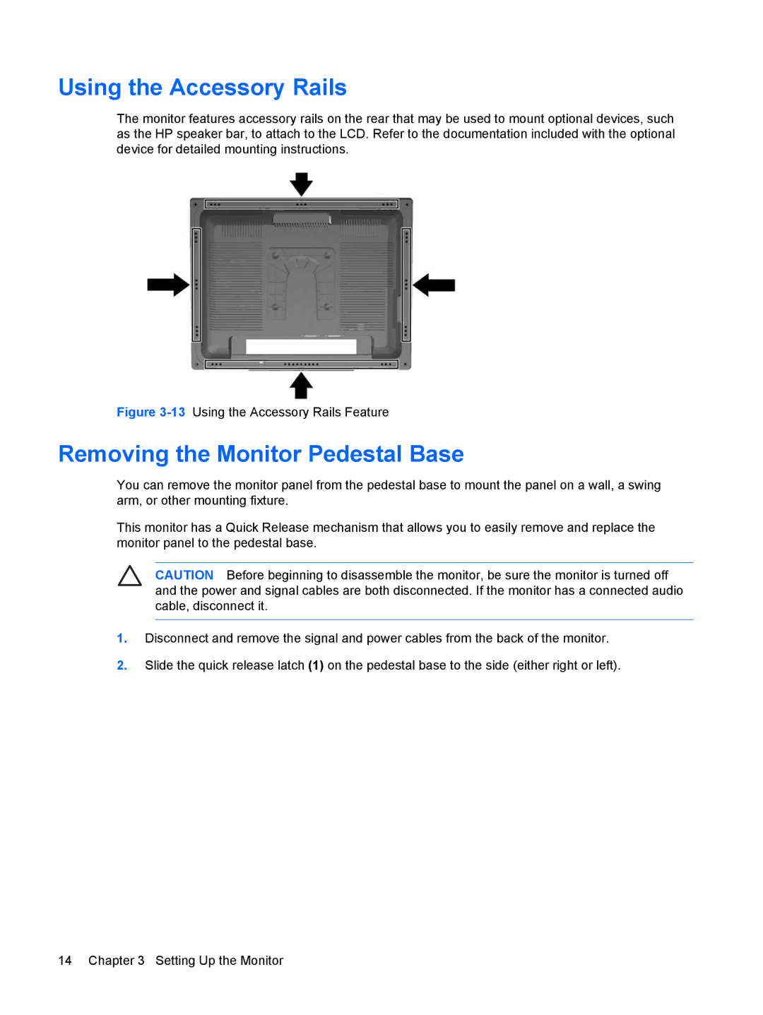 HP LP2465, LP2065, LP1965 manual Using the Accessory Rails, Removing the Monitor Pedestal Base 