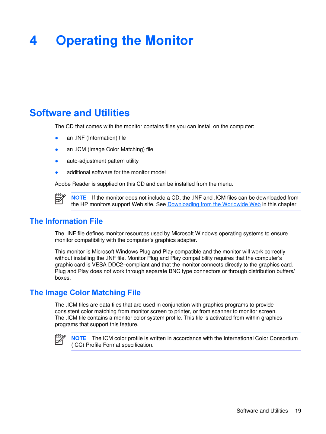 HP LP1965, LP2065, LP2465 manual Operating the Monitor, Software and Utilities, Information File, Image Color Matching File 