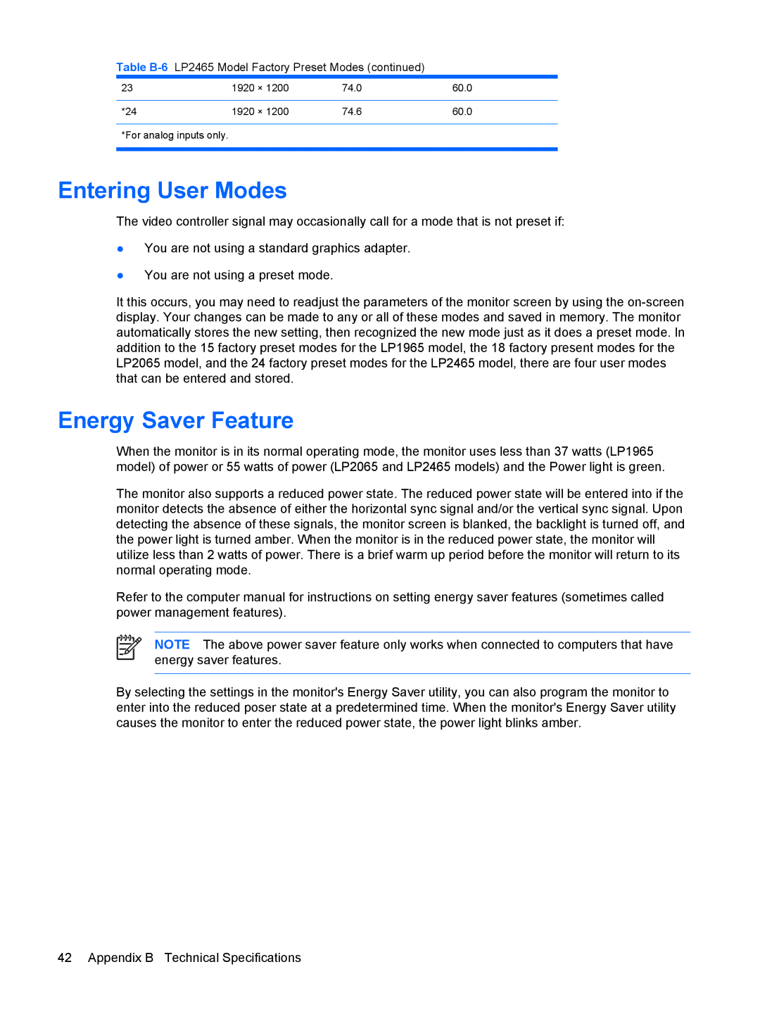HP LP2065, LP1965, LP2465 manual Entering User Modes, Energy Saver Feature 
