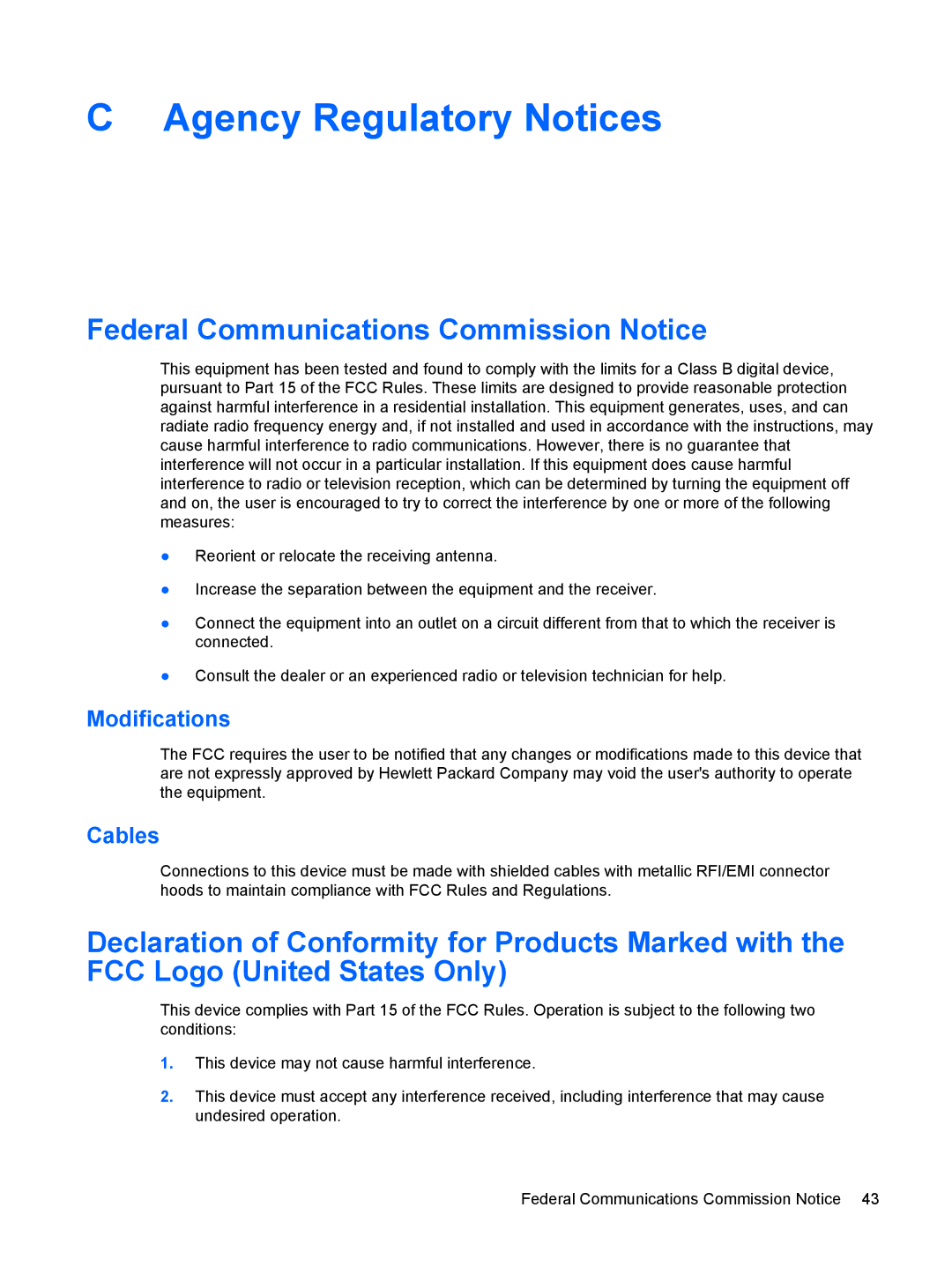 HP LP1965, LP2065, LP2465 manual Agency Regulatory Notices, Federal Communications Commission Notice, Modifications, Cables 