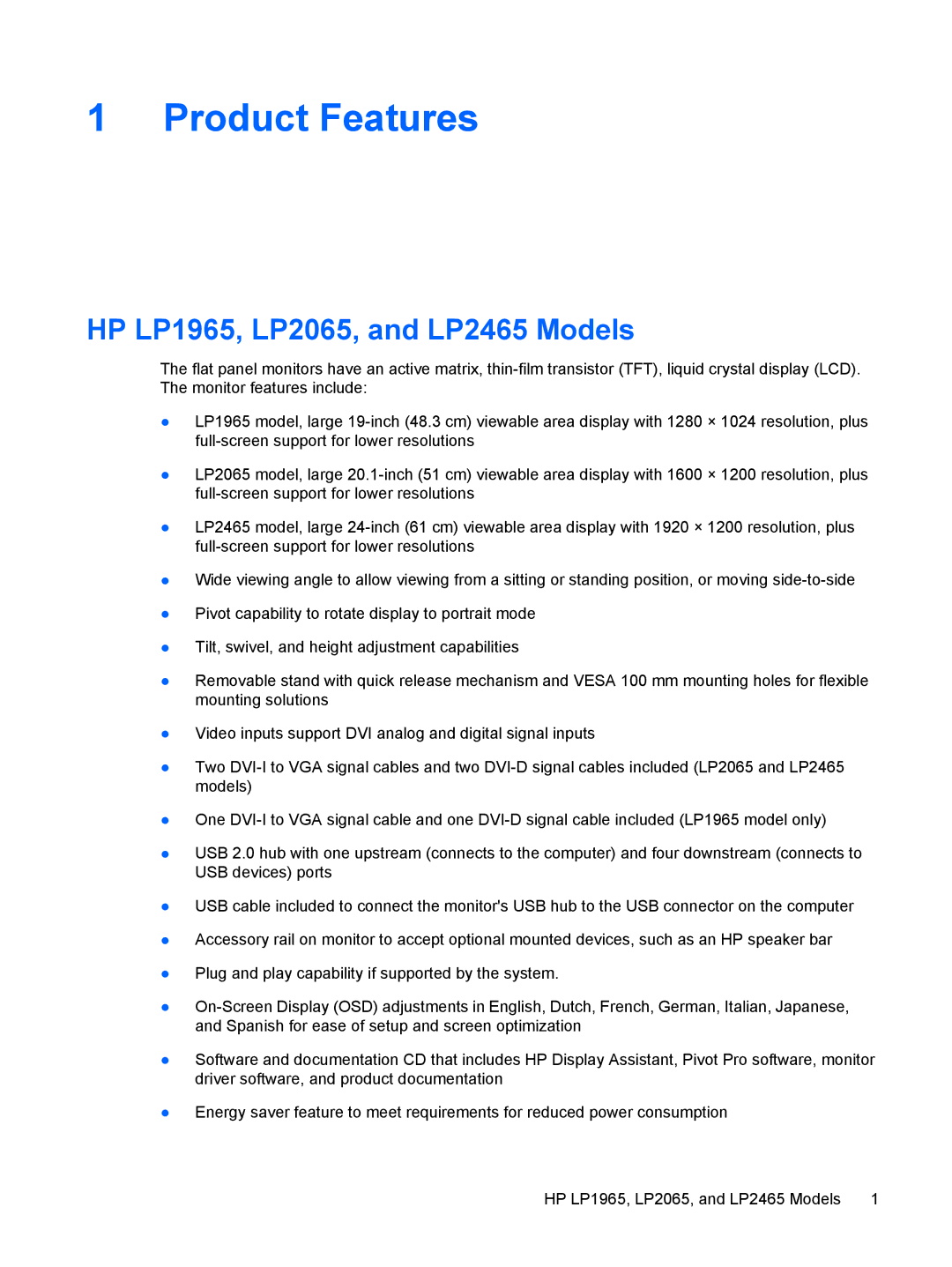 HP manual Product Features, HP LP1965, LP2065, and LP2465 Models 