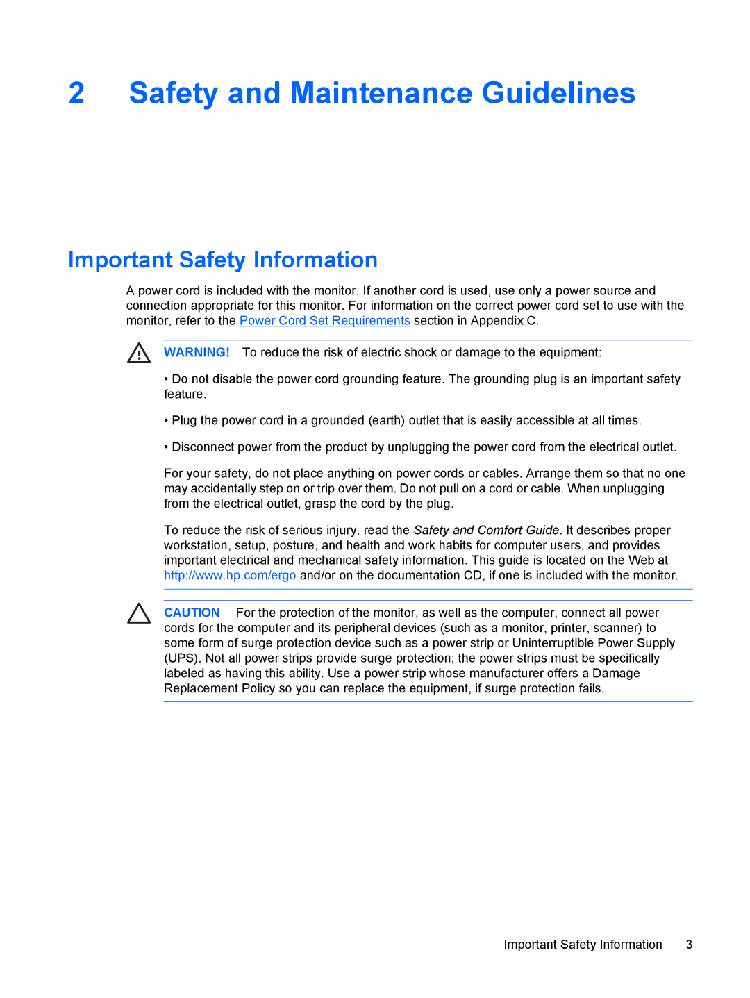 HP LP2065, LP1965, LP2465 manual Safety and Maintenance Guidelines, Important Safety Information 