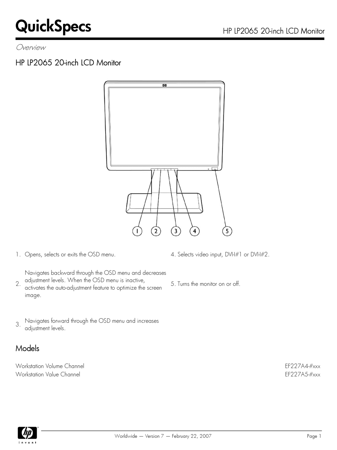 HP manual HP LP2065 20-inch LCD Monitor, Models 