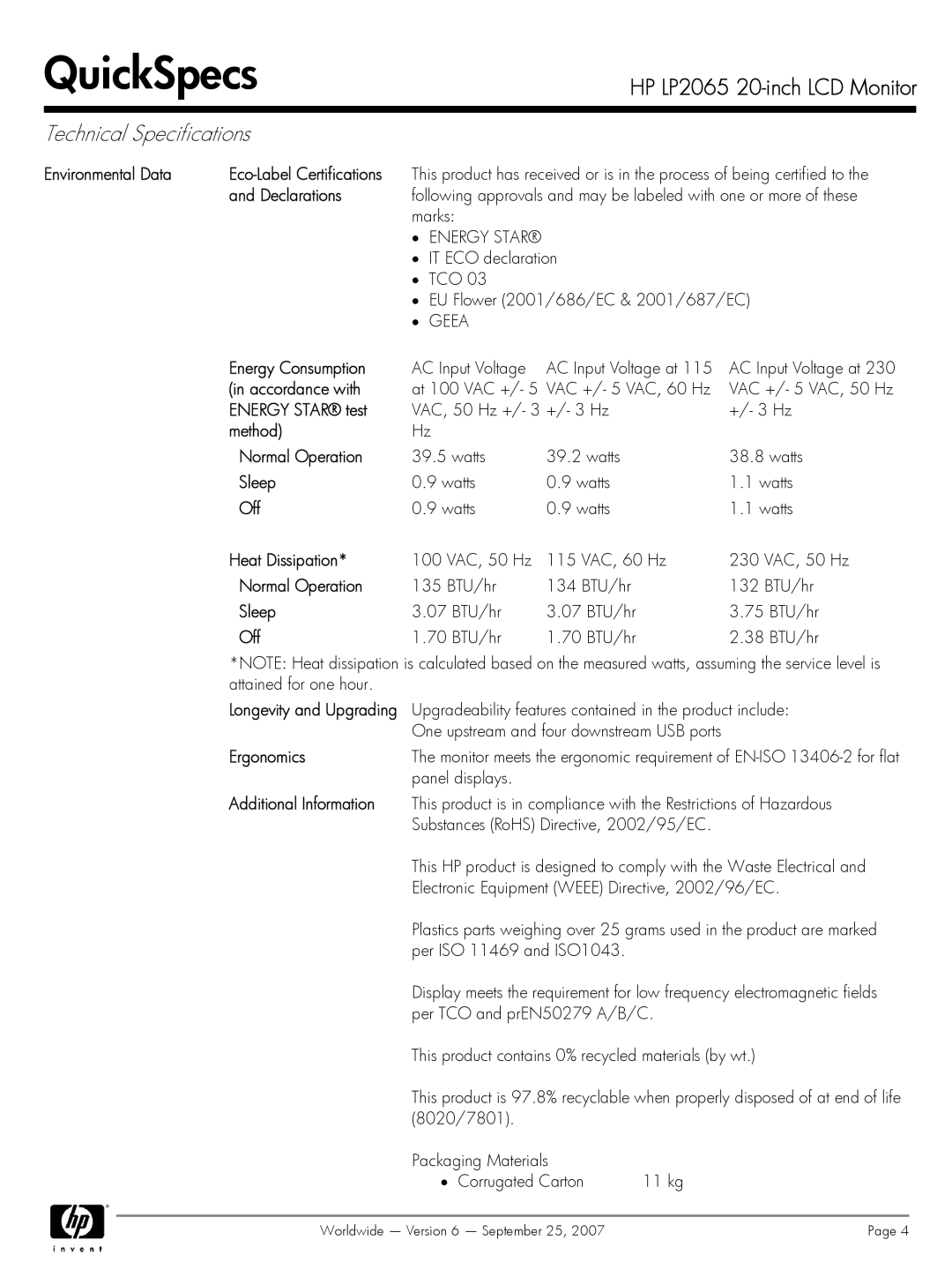 HP LP2065 Energy Consumption, Accordance with, Energy Star test, Method Normal Operation, Sleep, Off, Heat Dissipation 