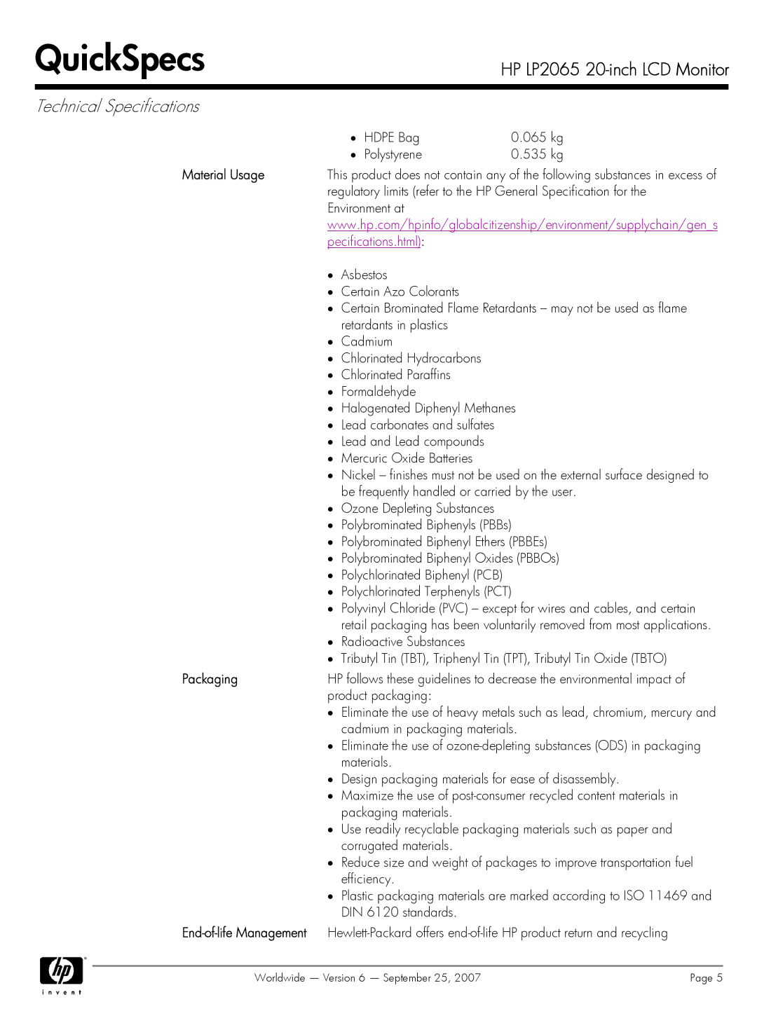 HP LP2065 manual Material Usage Packaging 