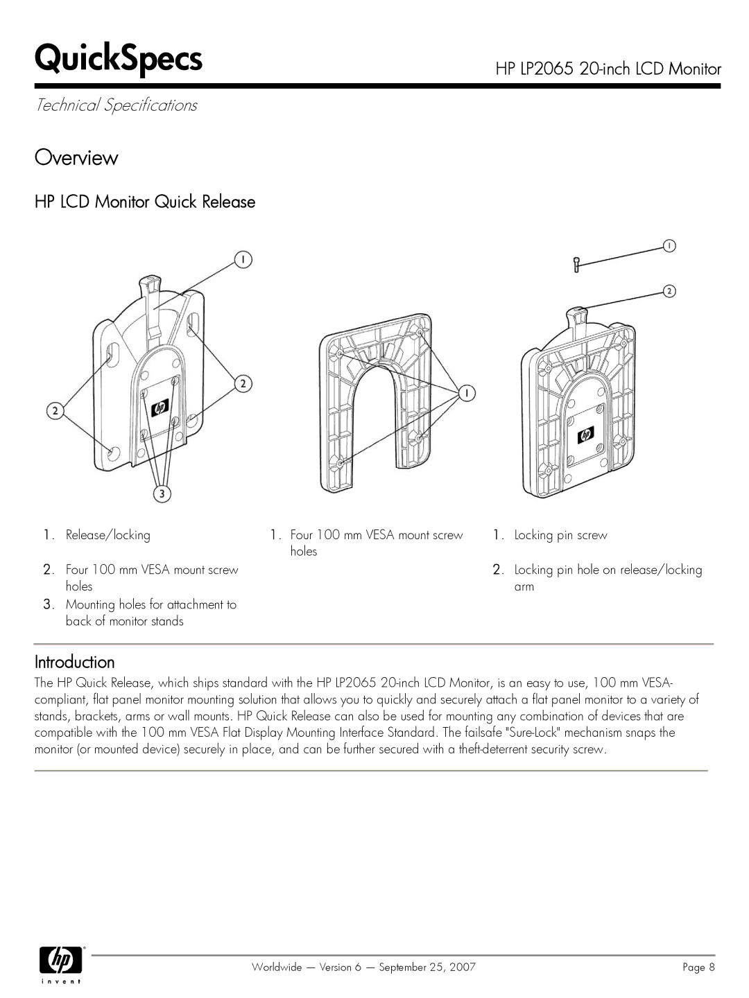 HP LP2065 manual HP LCD Monitor Quick Release, Introduction 