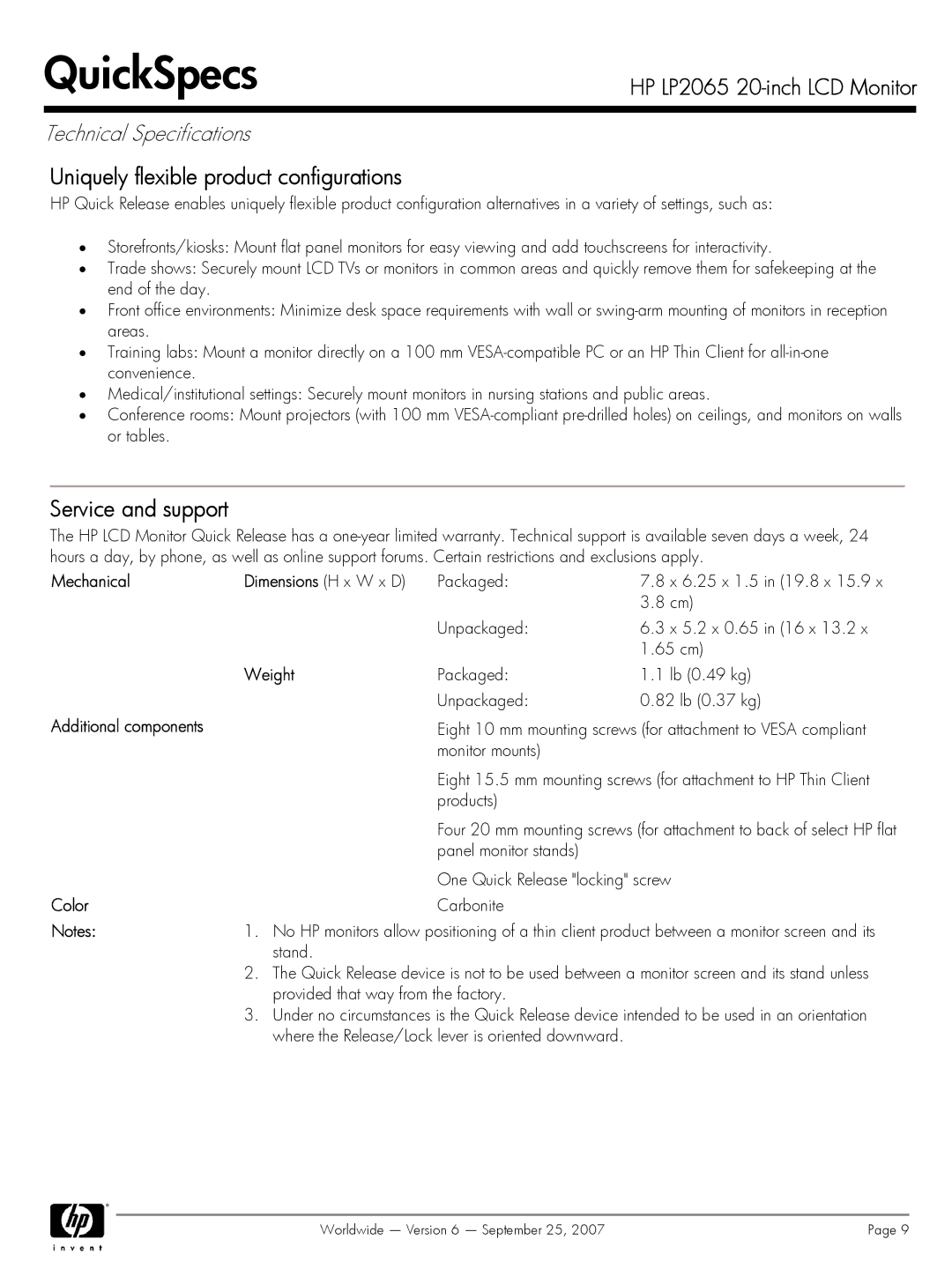 HP LP2065 manual Uniquely flexible product configurations, Service and support, Mechanical Dimensions H x W x D, Weight 