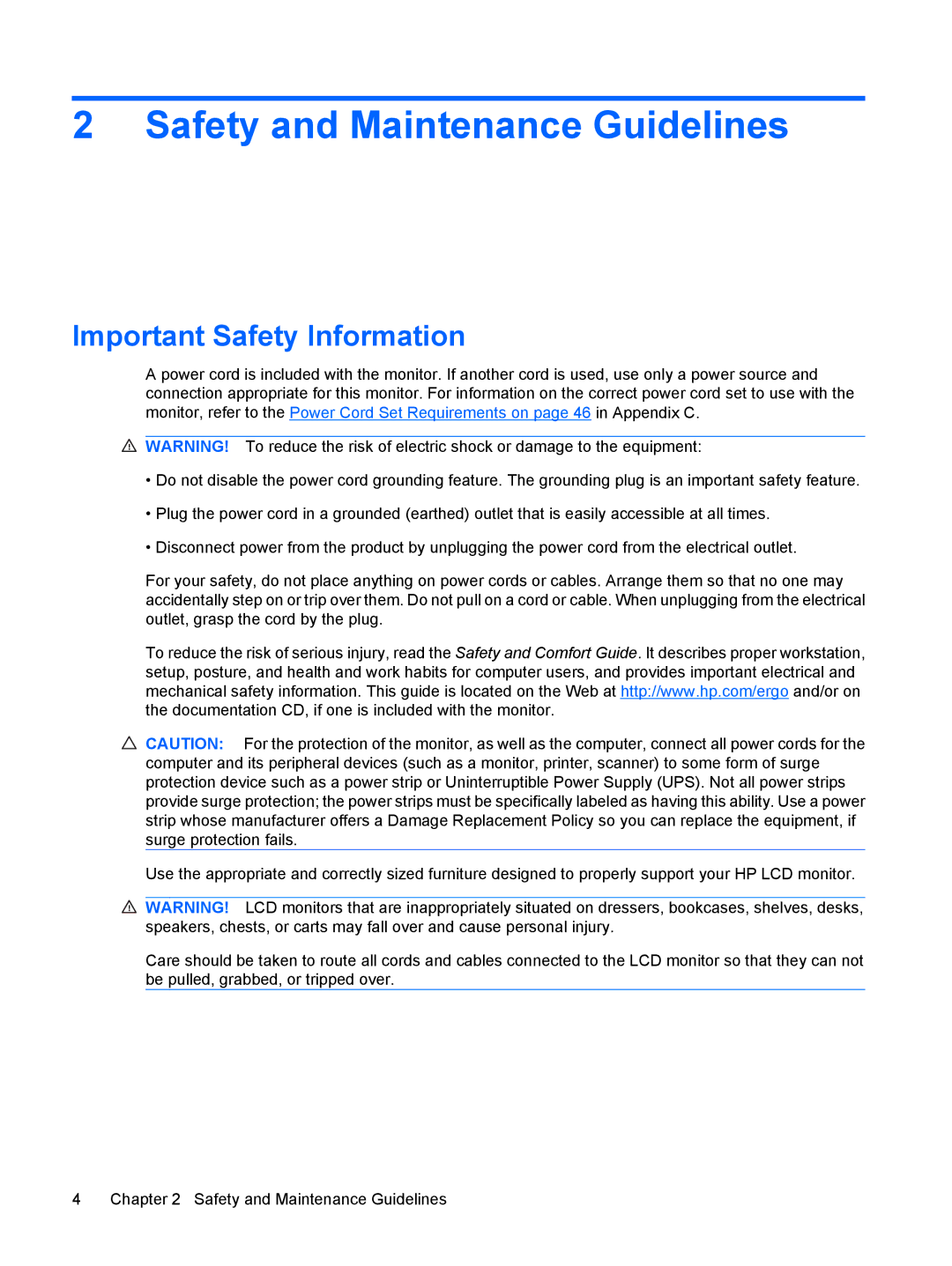 HP LP2275w 22-inch manual Safety and Maintenance Guidelines, Important Safety Information 