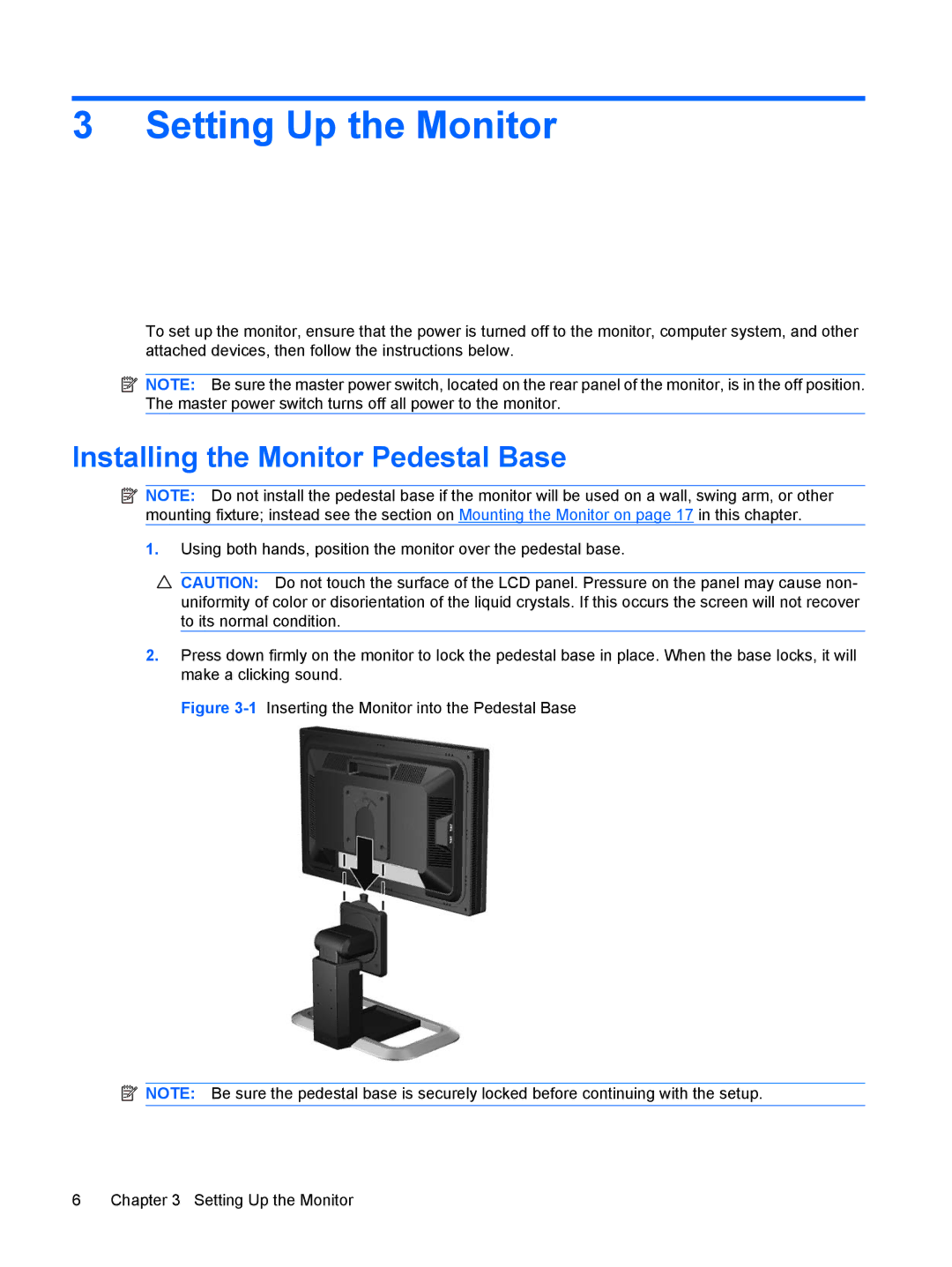 HP LP2275w 22-inch manual Setting Up the Monitor, Installing the Monitor Pedestal Base 