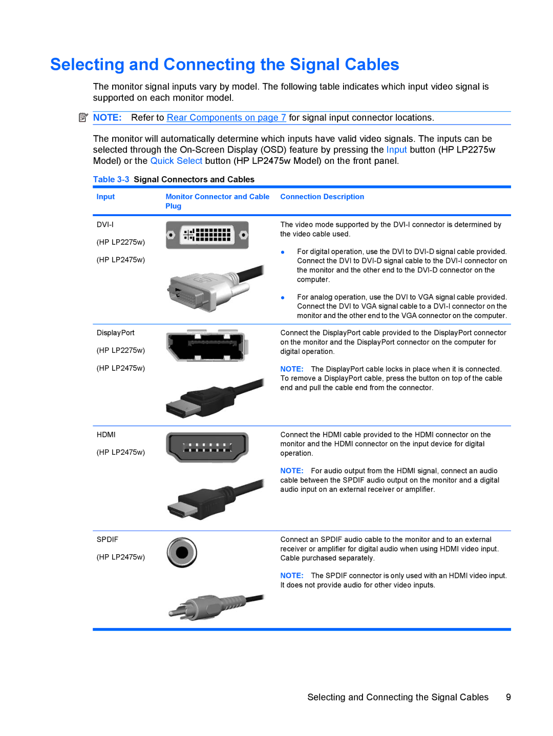 HP LP2275w 22-inch manual Selecting and Connecting the Signal Cables, 3Signal Connectors and Cables 