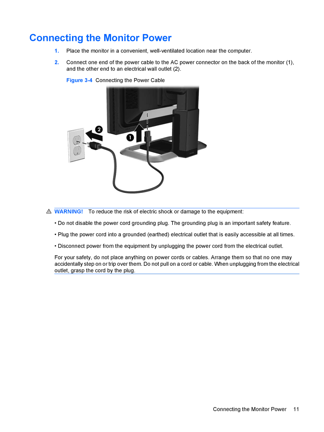 HP LP2275w 22-inch manual Connecting the Monitor Power 