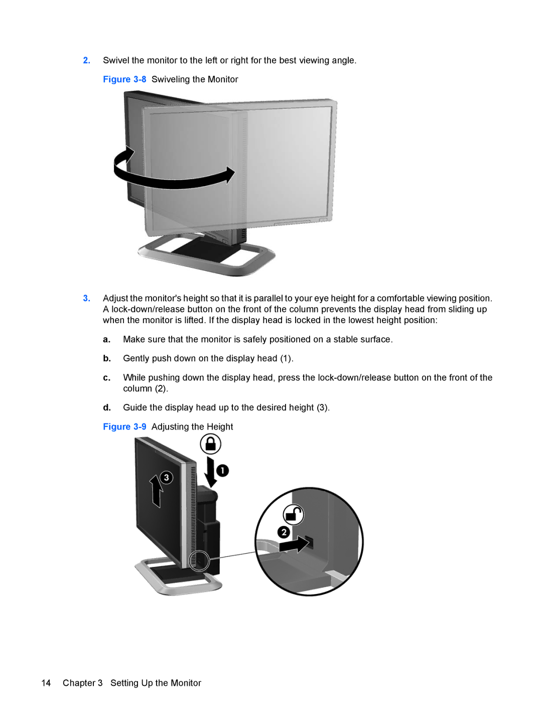 HP LP2275w 22-inch manual 9Adjusting the Height Setting Up the Monitor 